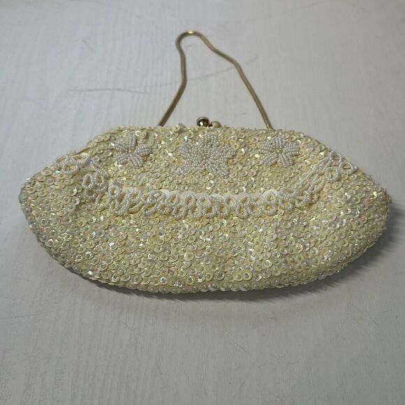 Vintage Hand Beaded Clutch Purse Beige Handbag Kisslock Handbag Gold Hardware - Picture 3 of 6